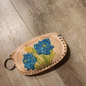 Anthropologie Leather Handmade Coin Purse Tan w floral embossing.